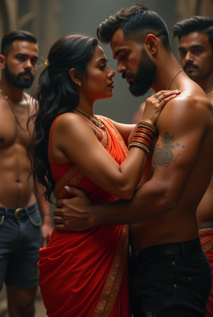 One South Indian 30 year old chubby hot Gorgeous woman with big breast, big ass, perfect body, wearing a transparent saree, hugging a three 26-year old handsome man with beard, three man and one woman, detailed, touching woman .