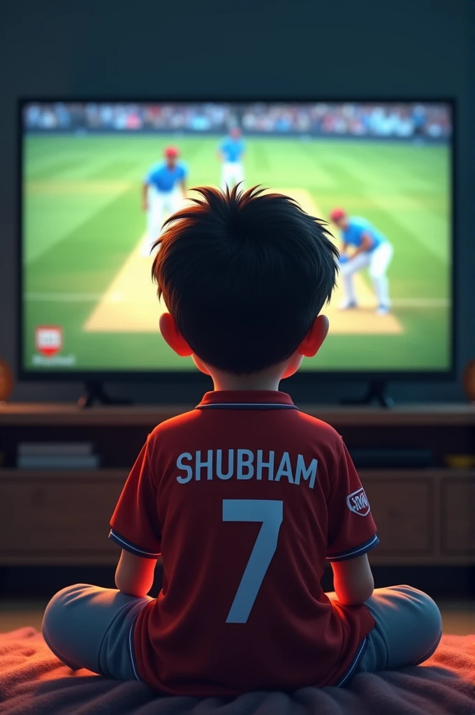 A boy sitting in front of tv wathching cricket match 
With 7 jersey number and shubham name on his jersey