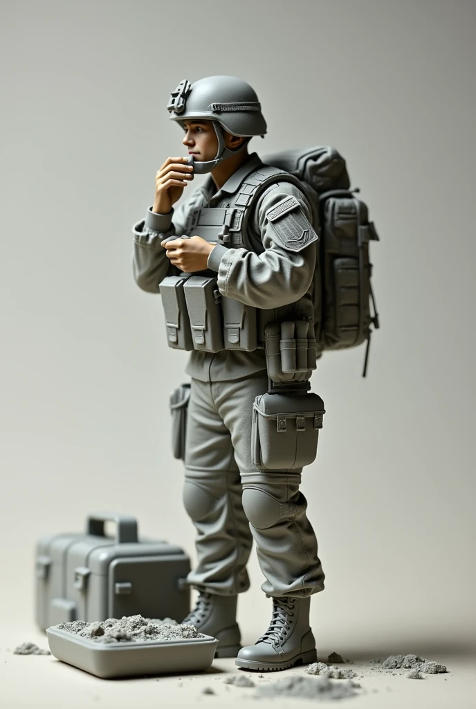 A plastic model of an American soldier eating Like plastic