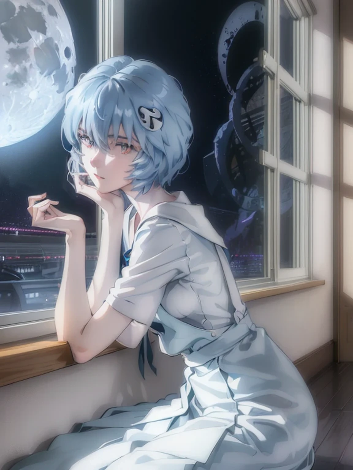 ultra-detailed, illustration, Beautiful Face, Beautiful body, (Rei Ayanami), Bluish silver hair, Silky short hair, (((One hand on cheek, Large windows, Open window, Leaning on the window frame, One foot on the window sill))), (Leaning forward), Tokyo-3 middle school uniform, black socks, ((Moon Background, The moon looks big:1.3, Gazing at the Moon:1.3)), ((Night:1.3)), View from inside the Hospital room, The lace curtains are swaying in the wind, Slightly slim body, face in profile, ephemeral Expression, extremely detailed eyes and face, photo with an 85mm camera, Natural moonlight, ((masterpiece, best quality, high resolution))