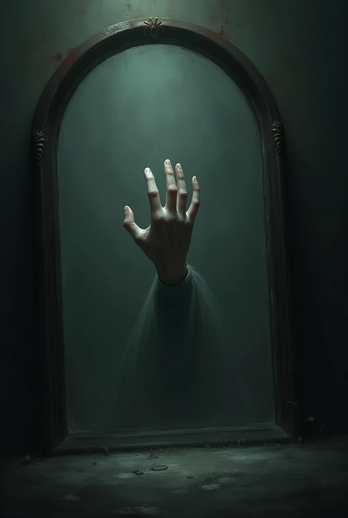 with one hand coming out of the mirror,