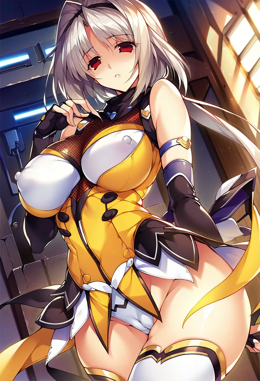12k,masterpiece, Highest quality, Anime Style,Official Art Beautiful Lighting, 1 girl, bangs, (Inside the futuristic base:1.4), , masterpiece,Noise Reduction,Perfect Anatomy,High resolution, Very detailed,Game CG,Dutch Angle ,Beautiful attention to detail,Visual Arts,Five Fingers, Perfect hands, Perfect lighting,(Camel Toe:1.3),(Red eyes:1.4),(((silver hair:1.6))),takamori haruka,(Emotionless and blank:1.4),(Emotionless eyes:1.4),(Erect nipples：1.2)