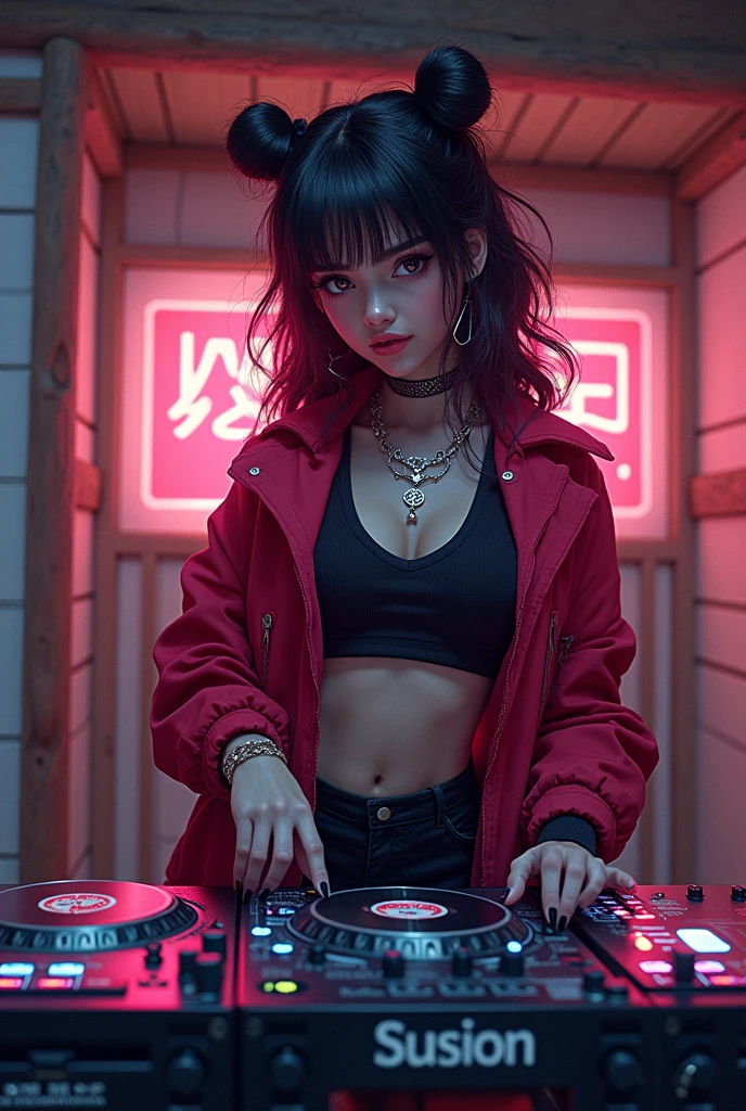 (hip hop scene) a very hip hop confidant badass arrogant cocky boss bitch attitude girl dj djing in a minka 民家, みんか