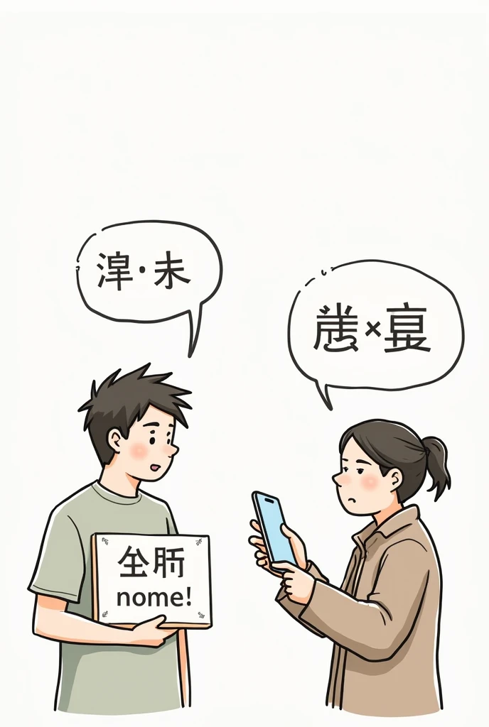 MAKE AN IMAGE (comic)

Panel 1: Two people are standing across from each other, one person is holding a sign with Chinese characters, and the other person looks confused.

Person 1: Hello (Nǐ hǎo)

Person 2: Sorry, I don't understand.

Panel 2: Person 1 points to the sign they are holding.

Person 1: This is my name(Zhè shì wǒ de míngzì)

Person 2: Oh, I see. I don't read ChineseImage: Person 1 puts down the sign and takes out their phone. They open a translation app and show it to Person 2.

• text: "Use a Translation Tool: Technology can bridge language gaps."