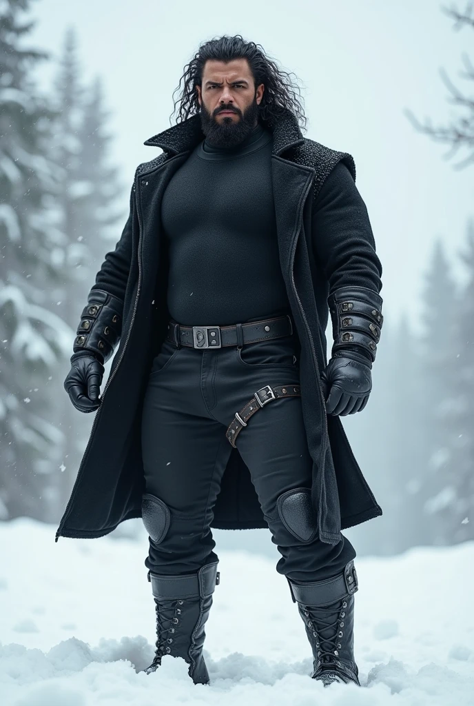 A man of 1,80 cm, with light brown skin, long curly black hair, beard a little big and well done, with small eyes, big, strong arms and legs, strong chest and shoulders, wearing rock style clothes, black jersey, black coat and black pants in a snowy environment in the background