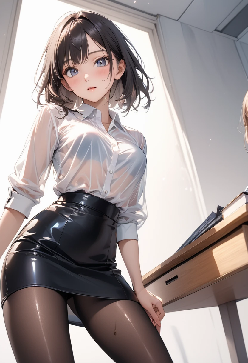 (((Female lawyer, Formal Suit Skirt, Black pencil skirt, pantyhose, White see-through blouse, Jacket, Stiletto heels, (Shiny costumes)))), skinny, alone, 1 female, masterpiece, Highest quality, Highest quality, 16K, Unbelievably absurd, Very detailed, 2.5D, AI-generated, delicate and dynamic, Very delicate look, Delicate eye depiction, erotic, only sexy woman, ((Cute and gentle face)), Healthy body shape, ((2. Women)), Height: 160cm, Medium firmness and swaying bust,, blush, Sweat,Embarrassing,sexy, ((Thin thighs)), (Erect nipples:1.0), Shiny, Facing directly at the viewer, (In the heat), ((Oily_skin)), ((Dutch Angle)), ((erotic pose)), Fashion model posing, Fashion Model Style, (close),in the court, Sitting at a desk, Get down on one knee, From below,