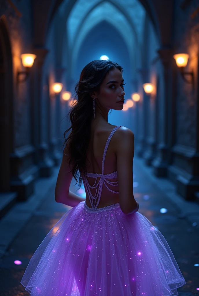 A far away image of an extremely beautiful woman, dark brown hair, eyes the color of honey, smiling , with freckles, small nose, full lips, very feminine features, dressed in a very beautiful purple sparkly tutu dress, in the middle of a completely black castle hallway, phosphorescent light 