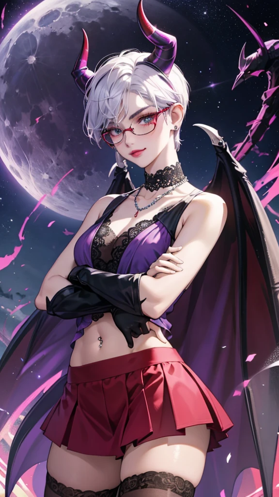 8k, masterpiece, best quality, highly detailed, 1 girl, tiefling, warlock, pixie cut, multicolored hair, very short straight hair red highlight hair on white hair, strippled hair, wearing glasses, round glasses, earrings, navel piercing, red eyeshadow, long eyelashes, blushed cheek, red lips, pearl necklace, rings, collarbone, mole on face, glamorous, teal and purple clothes, sleeveless, miniskirt, smirk, close up view, rings, looking at viewer, demon horns, solo, starry sky, pale blue moon, standing, boxing stance, demonic arms, chains on the background, black lace gloves, arms crossed.