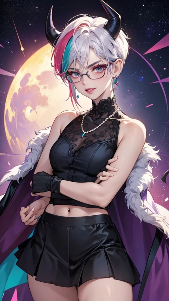 8k, masterpiece, best quality, highly detailed, 1 girl, tiefling, warlock, multicolored hair, very short straight hair green highlight hair on white hair, strippled hair, wearing glasses, round glasses, earrings, miniskirt, red eyeshadow, long eyelashes, blushed cheek, necklace, navel piercing, collarbone, high heels, mole, glamorous, teal and purple clothing, villainy, smirk, seductive pose, close ups view, rings, looking at viewer, sitting, demon horns, red nails, solo, starry night, plain, creascent moon, 