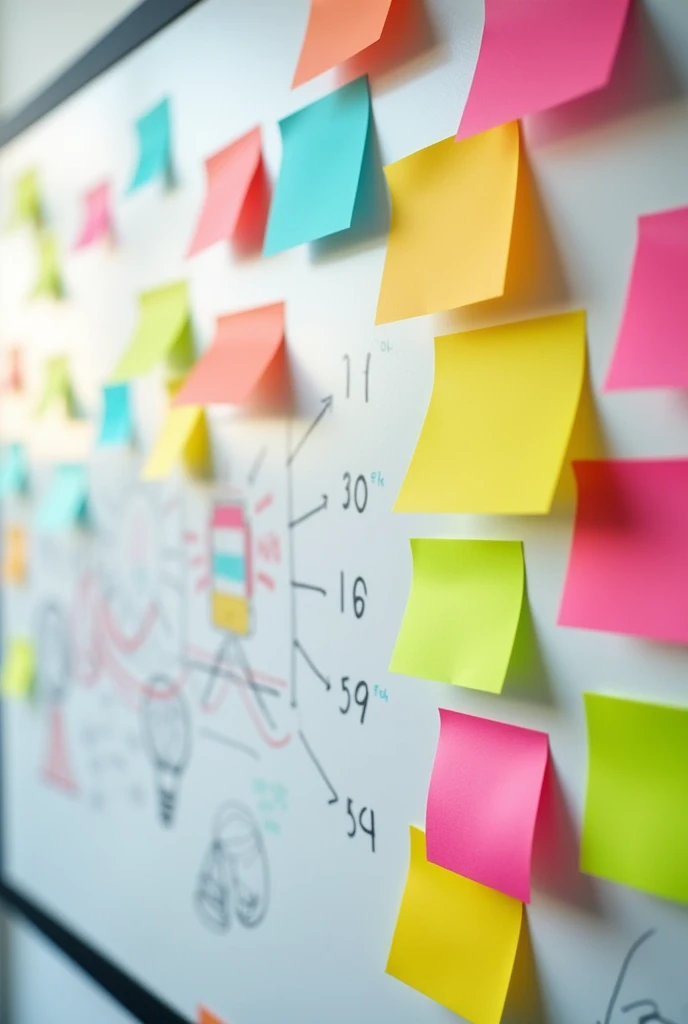 ### 2. **New Ideas:**
- **Tool:** Canva
- **How to Create:**
- Use a background with a whiteboard or wall.
- Add colorful post-it notes in different sizes and