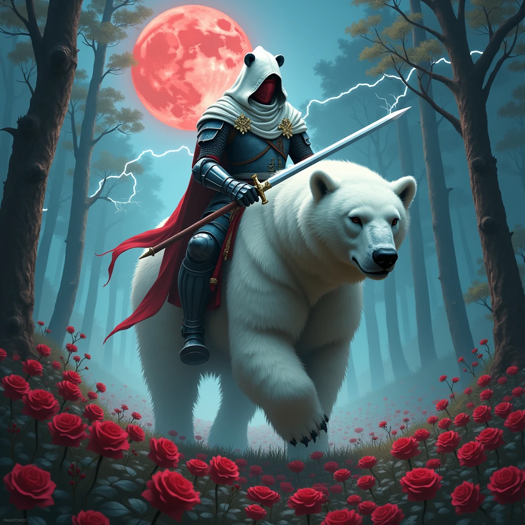 Male knight with a white hood with bear ears wielding a double edge sword is riding a polar bear in a forest while the moon shines, many Roses cover the ground and lightning falls from the sky. The polar bear has black eyes and an aggressive appearance. Only the man wears a red blindfold. In the background of the picture is the blood moon. The forest is full of trees with leaves.
