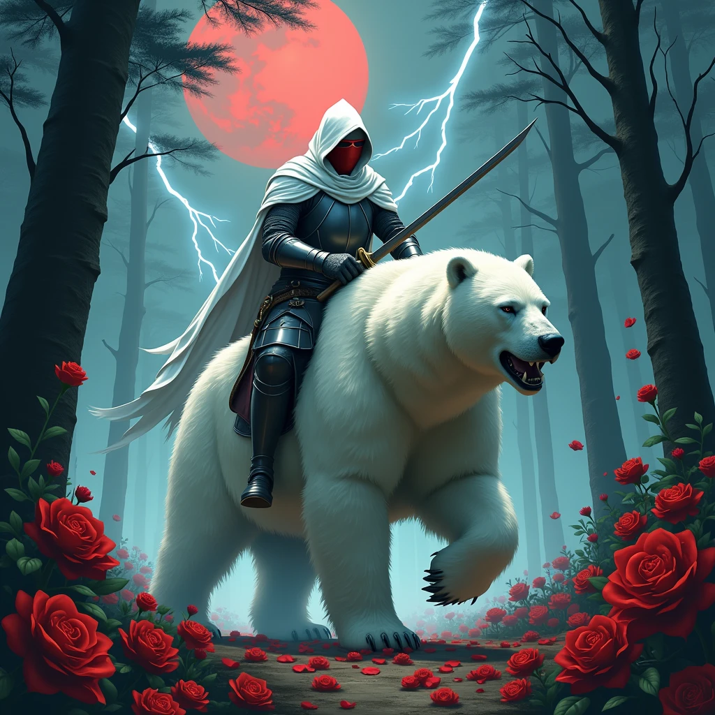 Male knight with a white hood with bear ears wielding a double edge sword is riding a polar bear in a forest while the moon shines, many Roses cover the ground and lightning falls from the sky. The polar bear has black eyes and an aggressive appearance. Only the man wears a red blindfold. In the background of the picture is the blood moon. The forest is full of trees with leaves.