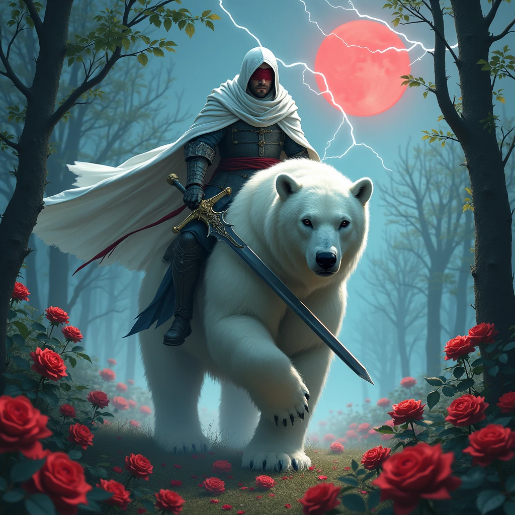 Male knight with a white hood with bear ears wielding a double edge sword is riding a polar bear in a forest while the moon shines, many Roses cover the ground and lightning falls from the sky. The polar bear has black eyes and an aggressive appearance. Only the man wears a red blindfold. In the background of the picture is the blood moon. The forest is full of trees with leaves.