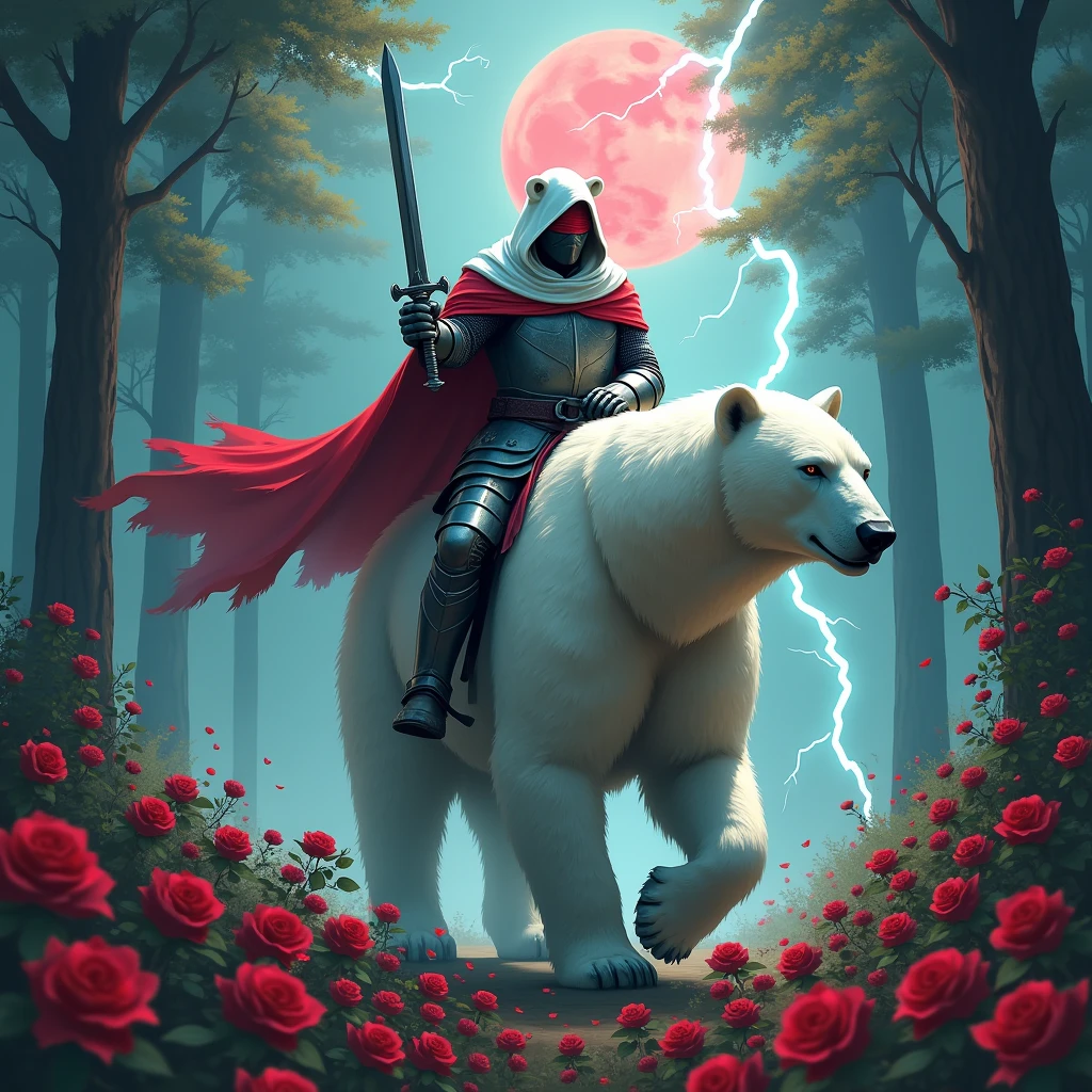 Male knight with a white hood with bear ears wielding a double edge sword is riding a polar bear in a forest while the moon shines, many Roses cover the ground and lightning falls from the sky. The polar bear has black eyes and an aggressive appearance. Only the man wears a red blindfold. In the background of the picture is the blood moon. The forest is full of trees with leaves.