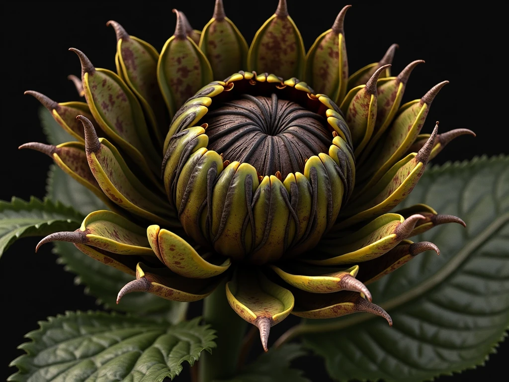 a flower in bloom.((corruption,entropy,decay,resilient, toxic)),((dark green,rusted brown, yellow greenish)),((deep wiew)),photographic,ultra high resolution,hyperdetailed, masterpiece, 3d modelling, digital art.