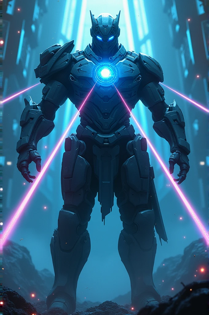 Dark fusion operator, core glowing blue with 4 Stabilizing Lazers shooting at it on the background.