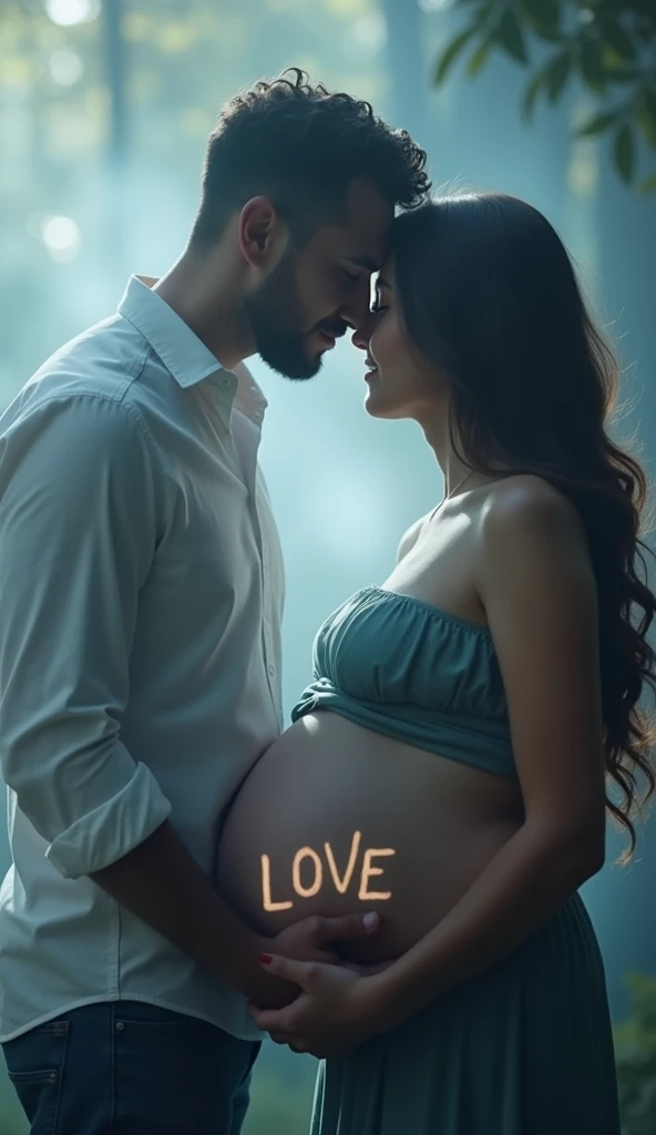 Un papà bacia amorevolmente il pancione della futura mamma. [(Suspended in the air between scene and the viewer, a translucent, almost ghostly black message reads exactly: "LOVE". The text appears as if it's floating, blurred at the edges, with the letters formed from a faint mist or white smoke that lingers in the space. The smoky words are readable, though not overly bright, hovering just in front of his gaze, creating a surreal yet powerful effect. Text exactly says: "LOVE". They seem to be written in chalk. The text says: "LOVE". semi-transparent text that reads 'LOVE' in a dramatic, bold font. The text almost acts as a title, floating in the air, partially obscuring the scene but enhancing the overall tension and urgency of the moment)]