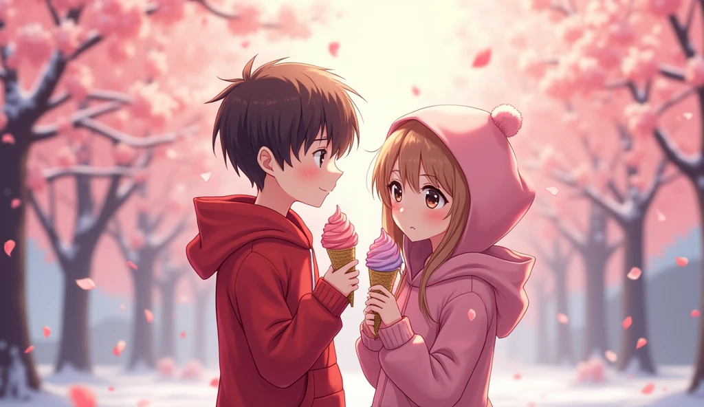 Create 8k immage Boy and girl are sitting together eating ice cream and they are couples. They are wearing red and pink woddie and look very Anime character type. The scenery behind them is very beautiful, there are many cherry blossom trees behind them and the leaves are falling and looking very beautiful And it was winter.