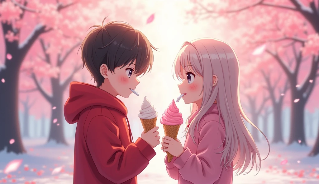Create 8k immage Boy and girl are sitting together eating ice cream and they are couples. They are wearing red and pink woddie and look very Anime character type. The scenery behind them is very beautiful, there are many cherry blossom trees behind them and the leaves are falling and looking very beautiful And it was winter.