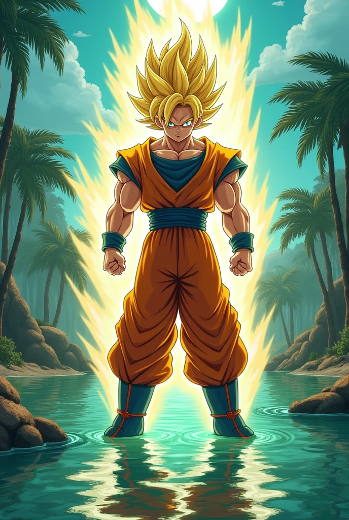Make a planet where the straw is blue and the water is green (The trees are also blue*
The water is green, Goku appears, unleashes all his ki and transforms into Ssj
