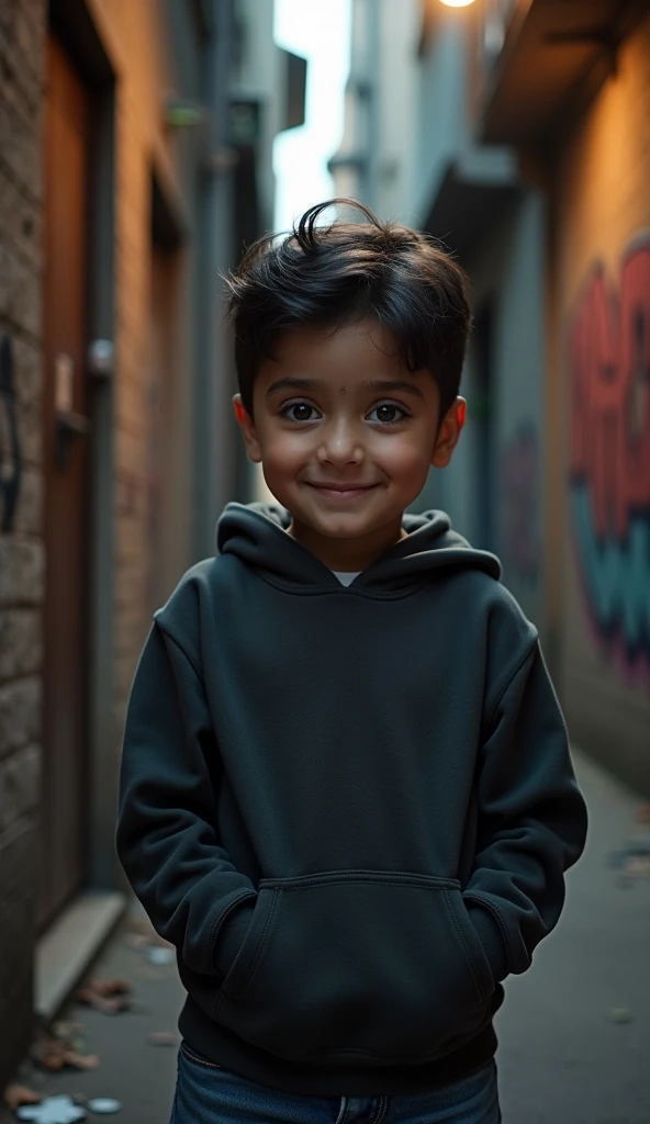 Create UHD photorealistic realistic image, no animation, no 3D image, no Pixar style. A 34-month-old French boy of mixed French-Arabic descent, with dark hair and intense brown eyes, dressed in a casual hoodie and jeans. He is standing in a dimly lit alley with graffiti on the walls, a cute smile on his face. The photo captures the urban atmosphere with moody lighting, using a Nikon D850, 35mm lens, f/1.4.