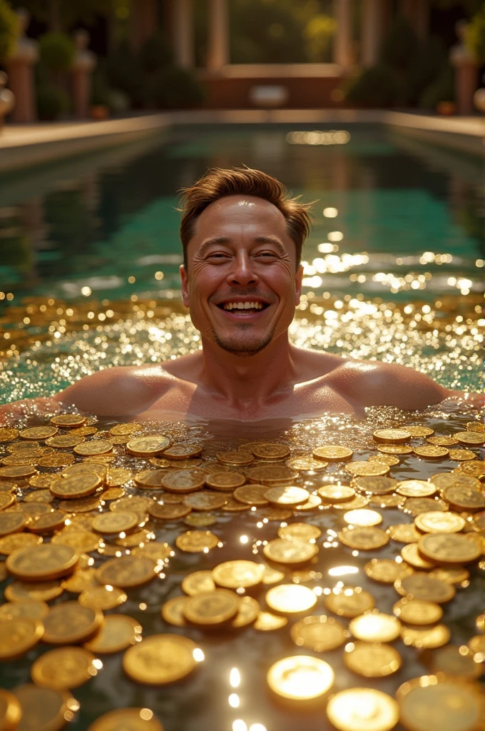 Elon reeve musk happily swimming in a pool filled with golden coins