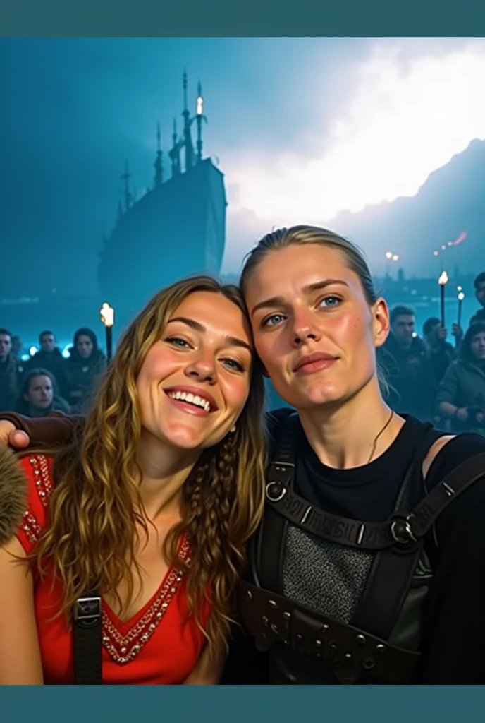 Two Viking warrior women sit closely together, sharing a fierce yet warm smile. One has long, wavy hair adorned with delicate braids and wears a bright red wool tunic with intricate embroidery along the hems, layered over a dark leather bodice. Her outfit is complemented by a fur-lined cloak draped over her shoulders, and a belt holding a small pouch and a sheathed dagger. The other has short, straight hair with rugged strands swept by the wind, and is dressed in a dark leather shirt engraved with runes, covered by a chainmail vest. She wears a pair of fitted wool trousers tucked into sturdy leather boots, with iron greaves on her shins for added protection. A leather strap crosses her chest, holding a small round shield on her back. They are in a dimly lit camp, illuminated by the flickering flames of a campfire and the glow of sentry torches. In the background, the imposing silhouette of a longship looms, ready for battle. The atmosphere is both warm and mysterious, while their expressions reflect the camaraderie and shared strength of warriors ready to face any danger together.