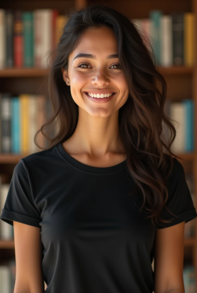 smiling young brazilian woman on sunny summer day wearing a slightly tight round neck cotton t-shirt in black color with waist in a room with books