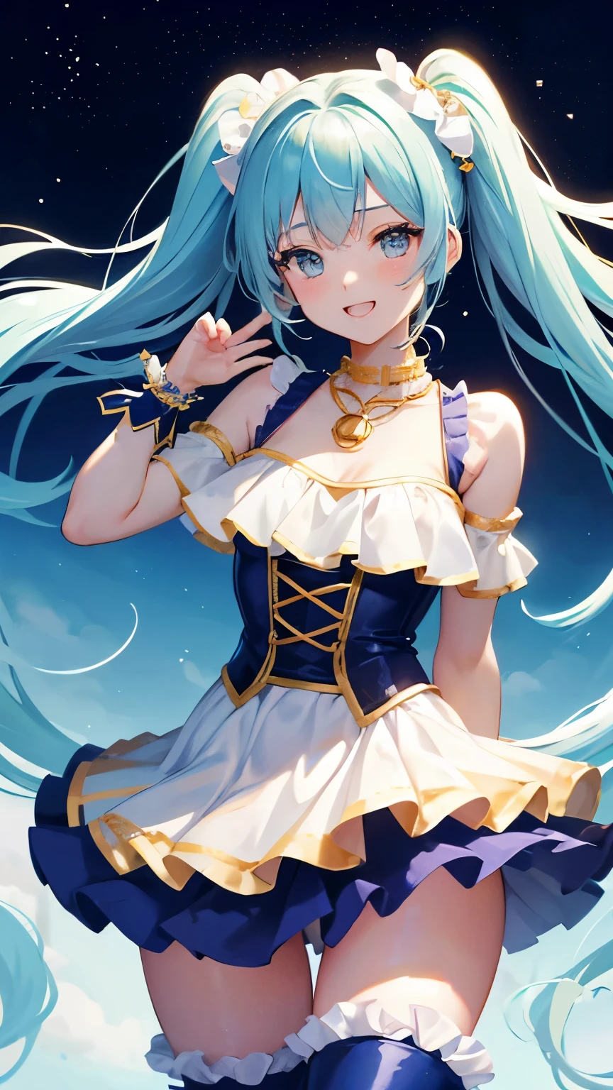 (((anime-style cute face)))、(((20-year-old woman))),(((Light blue twin tails have a lot of hair))),Highest quality, （（Sharp details））, (8k, RAW Photos, Highest quality, masterpiece), (looking at the camera),((((Cute Smile))))、Very big eyes、anatomically correct body、Big thighs、The face is bright、Professional Lighting、Cute little breasts、pretty gold necklace、（（Shiny navy blue bikini with frills））、（Shiny navy blue long arm covers）、（A white miniskirt with lively frills:1.2）、（Navy blue long patent leather boots）、Shake it、The background is a sports stadium、Full body view、The frilly hair accessory is cute、Race Queen Pose、Alluring、