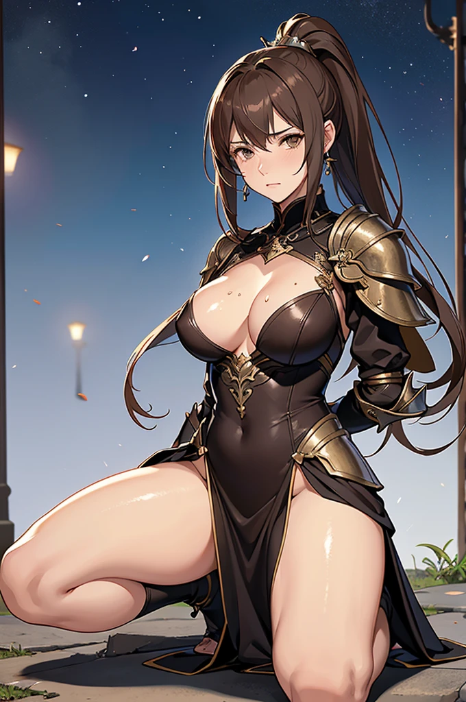 One Girl,{{Asheria:1.4}},{{Final Fantasy 12}}, Brown Hair,Long Hair, ponytail,Silk Armor,Earrings,{Asheriaのコスチューム:1.4}, Excellent anatomy, masterpiece, Highest quality,Realistic, hyperRealistic, 16k hdr,Cleavage,damaged armor,Sweat,Beautiful Face,Mature adult woman,Torn Costume:1.2,{{Hands tied behind back,blush,anger,weak々Kneeling deeply,Spread your legs,Surrender:1.3}}, Fantasy World,Outdoor,village,Night Sky,it's raining、(Surrounded by many violent goblins:1.3),From above,Oda Non style,
