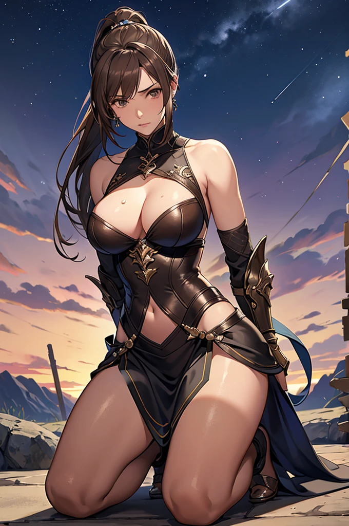 One Girl,{{Asheria:1.4}},{{Final Fantasy 12}}, Brown Hair,Long Hair, ponytail,Silk Armor,Earrings,{Asheriaのコスチューム:1.4}, Excellent anatomy, masterpiece, Highest quality,Realistic, hyperRealistic, 16k hdr,Cleavage,damaged armor,Sweat,Beautiful Face,Mature adult woman,Torn Costume:1.2,{{Hands tied behind back,blush,anger,weak々Kneeling deeply,Spread your legs,Surrender:1.3}}, Fantasy World,Outdoor,village,Night Sky,it's raining、(Surrounded by many violent goblins:1.3),From above,Oda Non style,