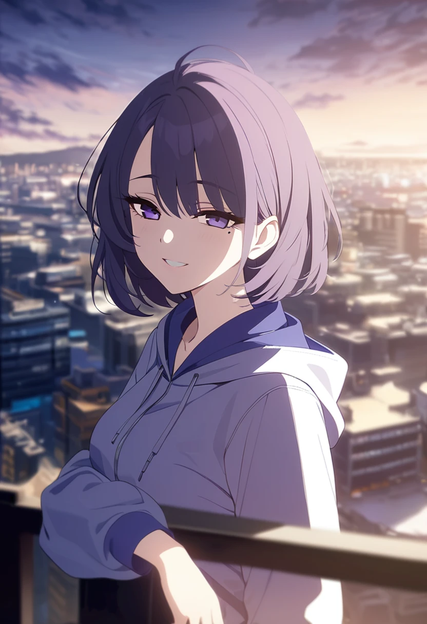 masterpiece,best quality,depth of field,8k,Viewing the viewer,female,dark gray hair,(charisma 있는 눈 1:1),chic,purple hair,purple eyes,Hooded tracksuit in blue and white,female,Overlooking,Short hair,alone,Smiling,chic,charisma,adult,Has dark circles under their eyes,long hair,