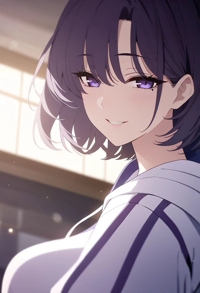 masterpiece,best quality,depth of field,8k,Viewing the viewer,female,dark gray hair,(charisma 있는 눈 1:1),chic,purple hair,purple eyes,Hooded tracksuit in blue and white,female,Overlooking,Short hair,alone,Smiling,chic,charisma,adult,Has dark circles under their eyes,long hair,