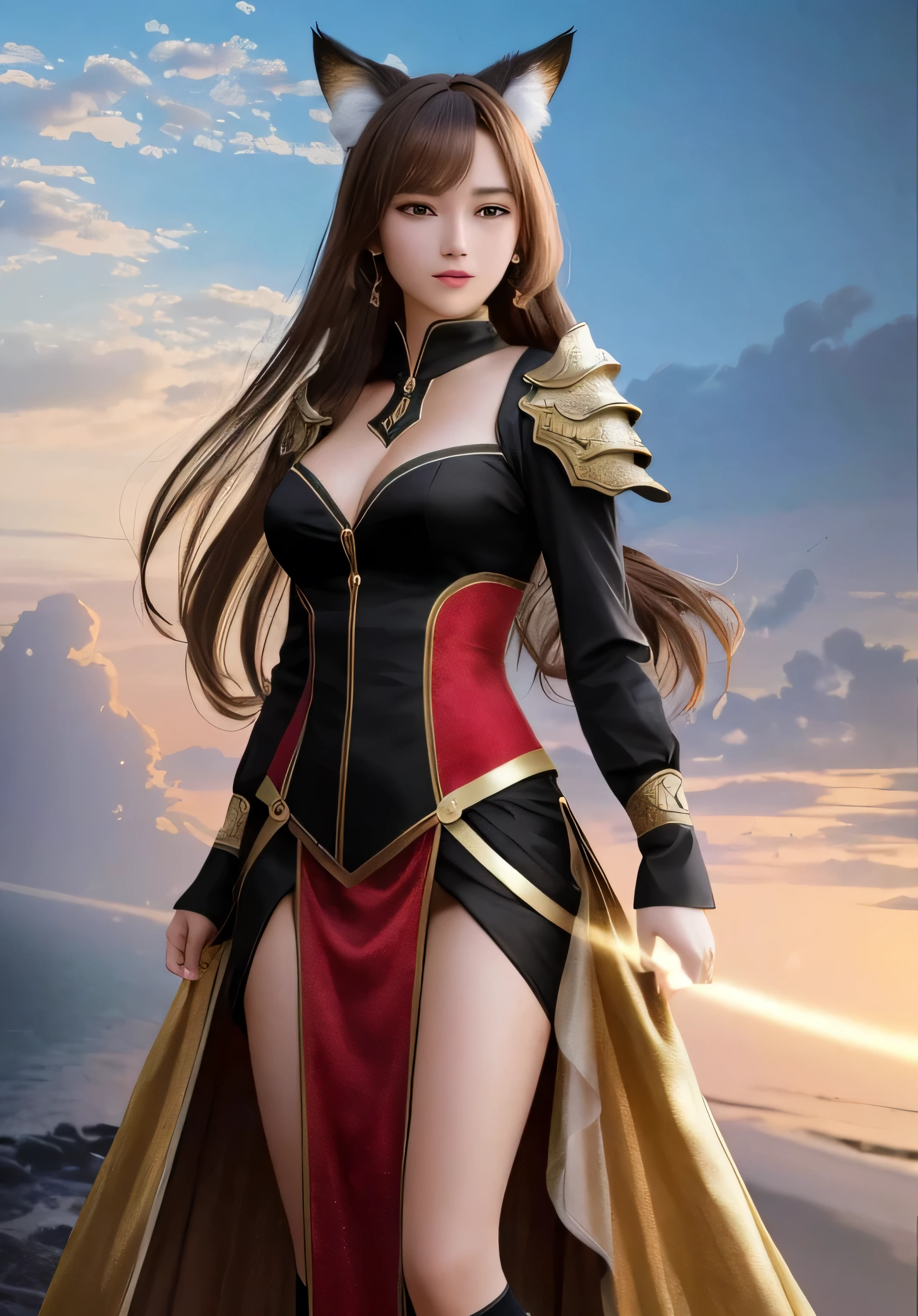 Best quality, 8K, HDR, soft lighting, picture perfect, realistic, vibrant, fox girl with brown hair, kitsune, beautiful female kitsune, digital anime illustration, beautiful illustration, beautiful digital artwork, exquisite digital illustration, realistic digital anime art, realistic anime style digital art, ultra high quality fantasy art, final fantasy, masterpiece, ultra high quality female character design, wallpaper illustrations of the highest quality, complex ultra high quality accurate faces of female characters, high quality design and accurate physics, ultra high quality fantasy style, dark fantasy Style, masterpieces, super high quality characters, anime resolution - 8K, realistic anime art, highest quality wallpaper illustration, ultra-high facial detail, quality design and physics accuracy, by color, depth of field, shadows, ray tracing, high quality and 8K resolution computer wallpaper production, accurate simulation of the interaction of light and materials, Highly detailed hair, More about beautiful and shiny brown hair, Beautifully detailed hands perfect fingers, Beautiful nails, perfect anatomy, perfect proportions, Full-length, Perfect color combination, Accurate imitation of the interaction of light and material, art that conveys the meaning of the story, full body picture.