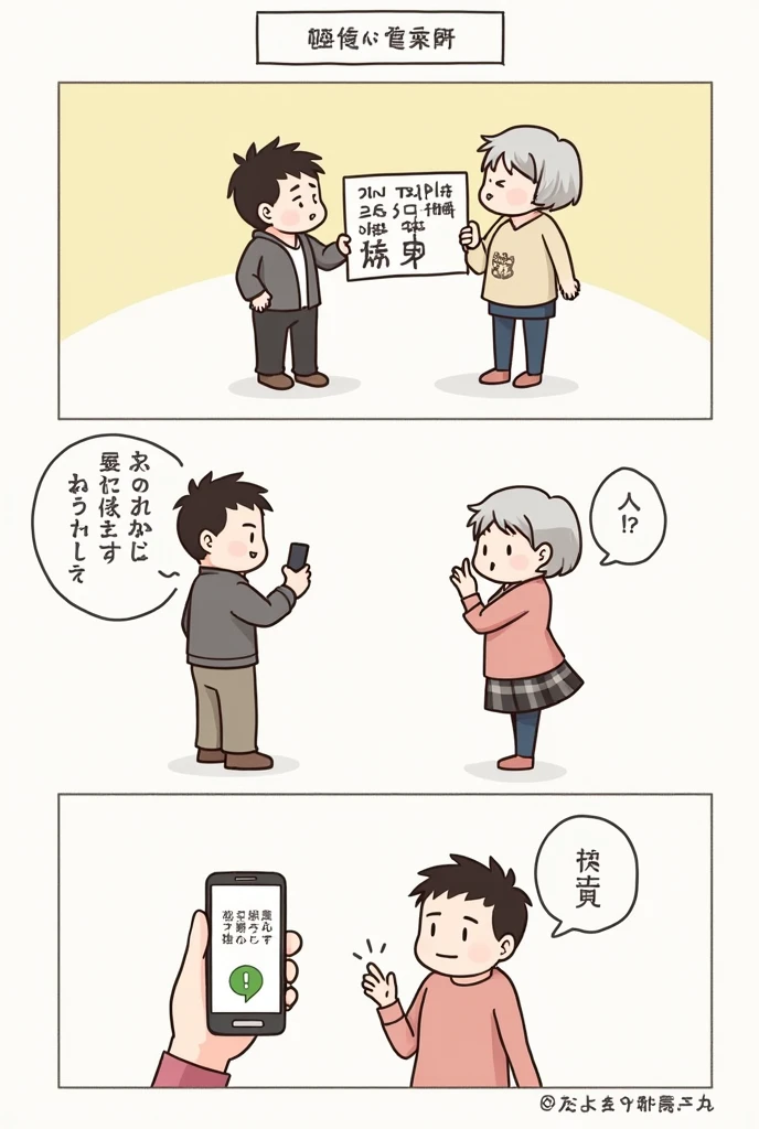 MAKE AN IMAGE ( COMIC 5 STRIPS)
Panel 1: Two people are standing across from each other, one person is holding a sign with Chinese characters, and the other person looks confused.
Person 1: Hello (Nǐ hǎo)
Person 2: Sorry, I don't understand.
Panel 2: Person 1 points to the sign they are holding.
Person 1: This is my name(Zhè shì wǒ de míngzì)
Person 2: Oh, I see. I don't read ChineseImage: Person 1 puts down the sign and takes out their phone. They open a translation app and show it to Person 2.
• text: "Use a Translation Tool: Technology can bridge language gaps."