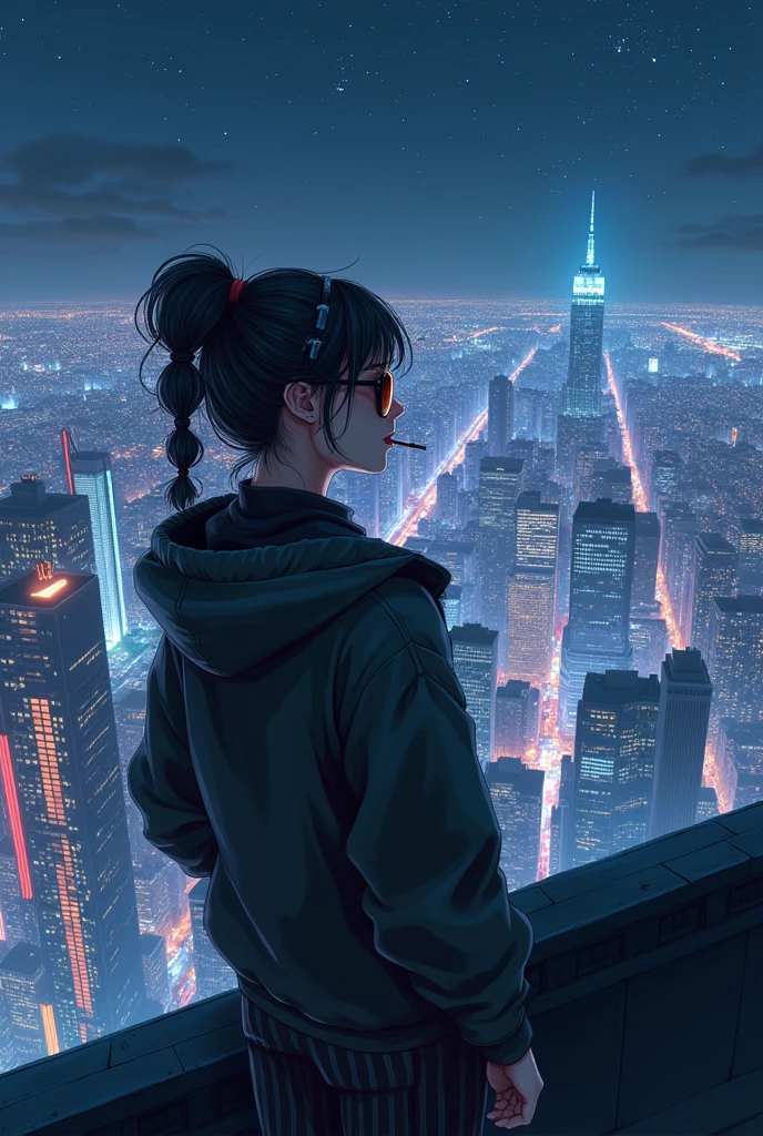 ((Highly detailed anime art)),Looking down on the big city from the rooftop,Angle from above,Cyberpunk City,Night view,Starry Sky,Woman in a jacket,Braided upstyle,sunglasses,tobacco ,((masterpiece, Highest quality, Highly detailed CG, unity 8k wallpaper )),(masterpiece, Highest quality, Highest quality, Official Art, beautiful),Very vivid,High-precision images,Ultra-high resolution,Great art,Poster Art,Impressive photos,Impressive art,beautiful顔,Perfect Face