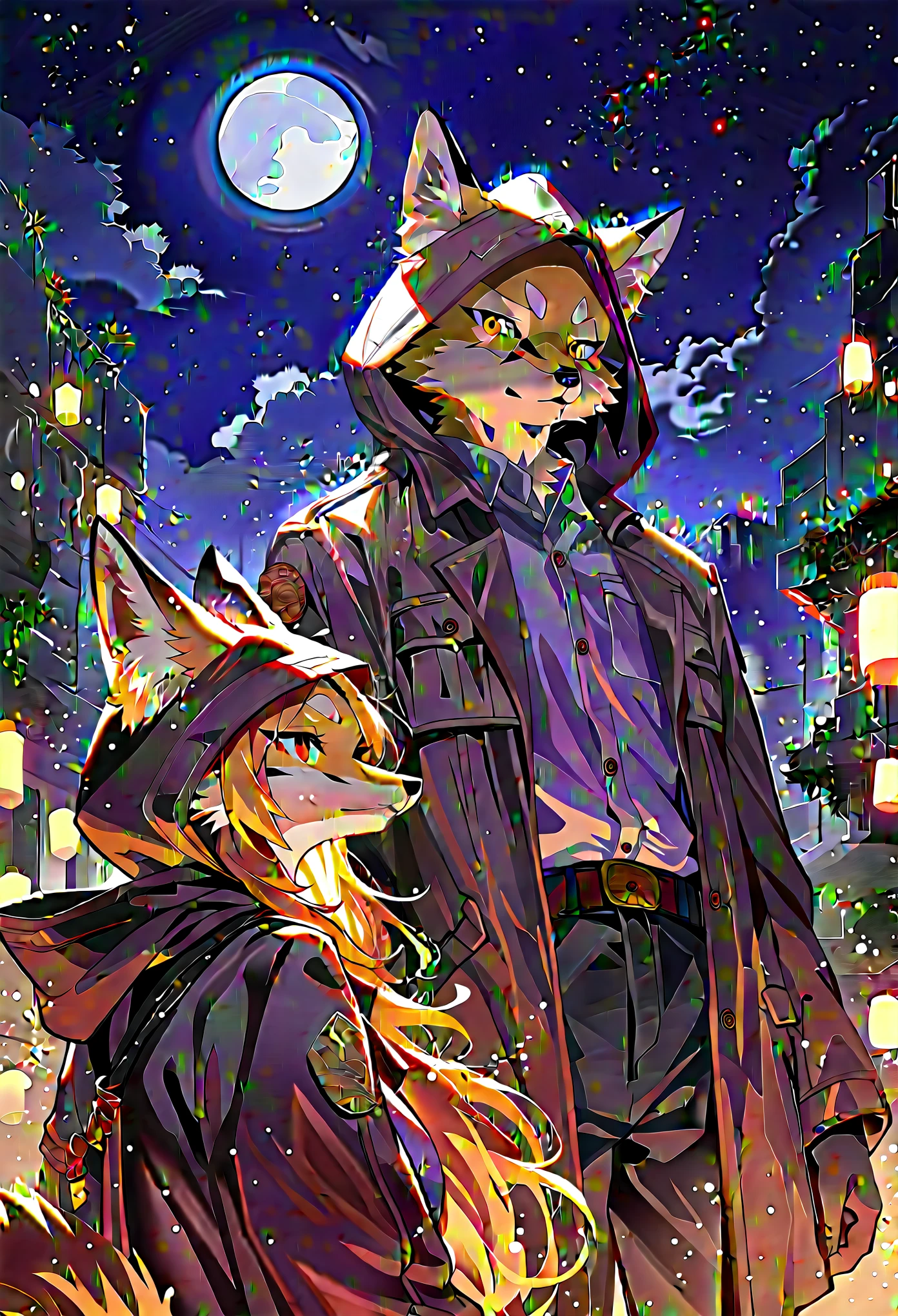 rating_safe, score_9, score_8_up, score_7_up, score_6_up, score_5_up, score_4_up, hires, highres, source_furry, cover page(kemono, furry anthro, boys, girls, fox, Golden fur, Golden yellow face fur, Red eyes, Brown elements on fur, Brown coat brown hood up)Plant elements in ruins, lichen, There is no other life, Night, starry sky, Vast landscape, moon full, meteors, Star cloud, Warm light source, Rained, wet clothes, overcast sky, Beautiful lights and shadows, Ambient light, Volumetric lighting, Dynamic configuration, Highly detailed and colorful details, luminous lighting, Atmospheric lighting, dream magical, magic, Glowing light,