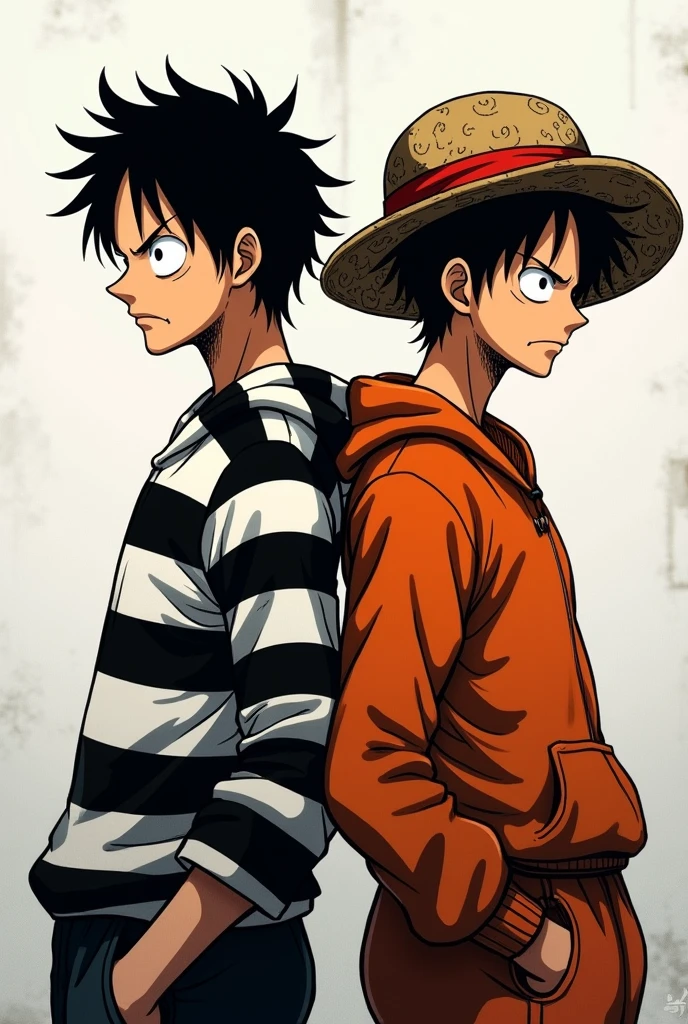 Monkey D. Luffy in a black and white striped long-sleeved prison uniform and Monkey D. .... Luffy in orange long-sleeved prison uniform