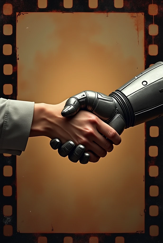 A handshake with a marvel superhero glove, set against a film strip background.
