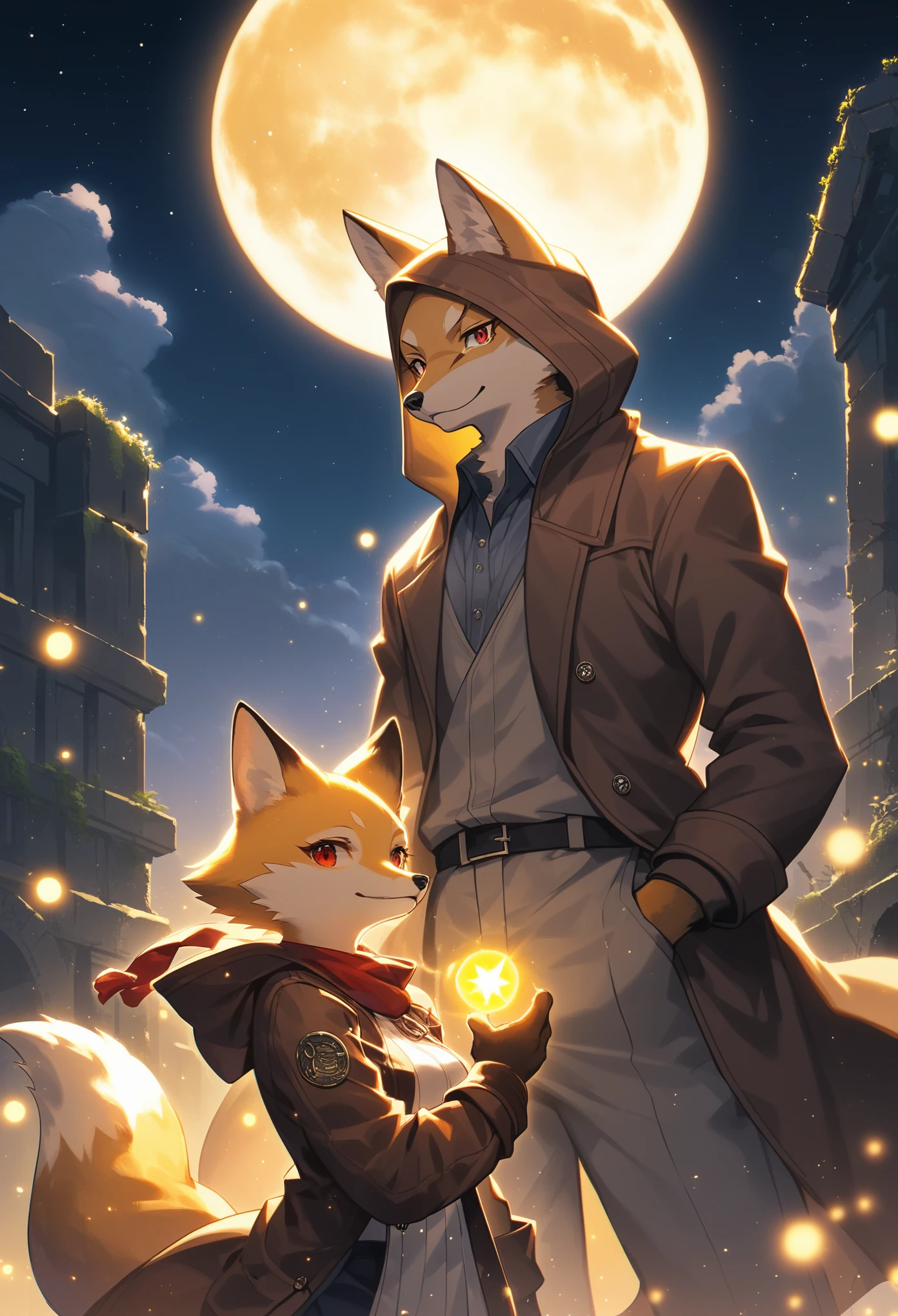 rating_safe, score_9, score_8_up, score_7_up, score_6_up, score_5_up, score_4_up, hires, highres, source_furry, cover page(kemono, furry anthro, boys, girls, fox, Golden fur, Golden yellow face fur, Red eyes, Brown elements on fur, Brown coat brown hood up)Plant elements in ruins, lichen, There is no other life, Night, starry sky, Vast landscape, moon full, meteors, Star cloud, Warm light source, Rained, wet clothes, overcast sky, Beautiful lights and shadows, Ambient light, Volumetric lighting, Dynamic configuration, Highly detailed and colorful details, luminous lighting, Atmospheric lighting, dream magical, magic, Glowing light,