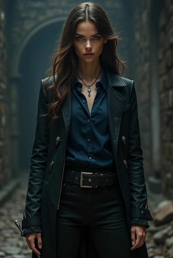 Girl with long wavy brunette hair wearing black necklace, navy shirt inside black long jacket and black boots while holding daggers with both hands ready to fight