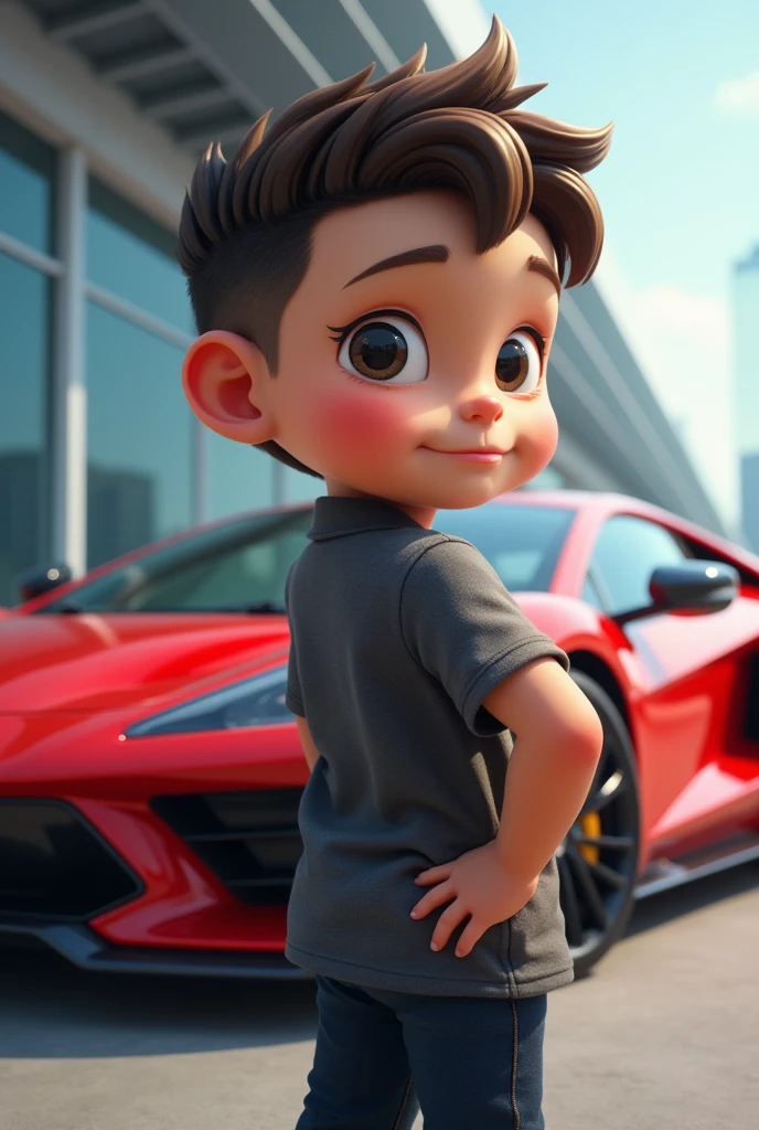 One boy standing front of side poses Supra car