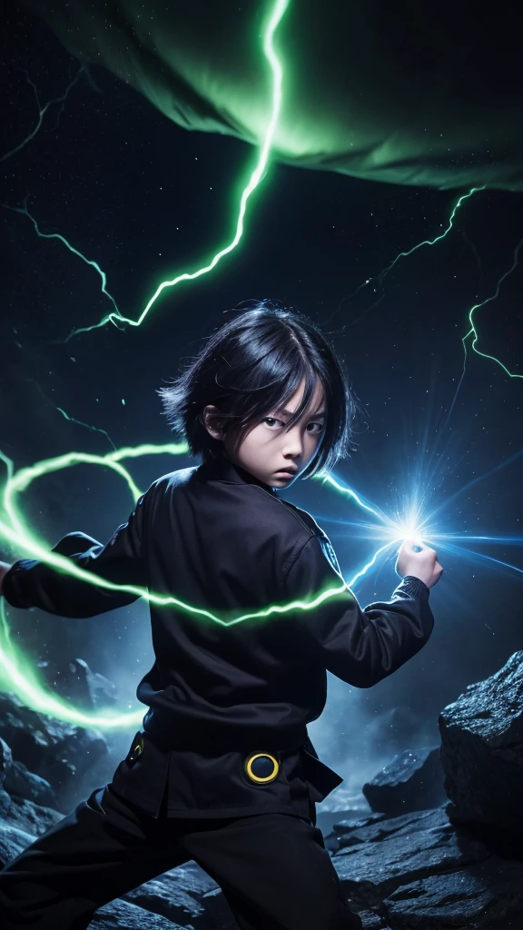 A young boy, around , named Kitaro from Gegege no Kitaro, is standing against a greenscreen background, facing a powerful blast of dark energy.  He is in a defensive stance, using his signature black and yellow striped chanchanko as a shield against the dark energy. The chanchanko is glowing with a bright, protective light, deflecting the dark energy away from his body. The dark energy is a swirling mass of dark purple and black, with tendrils of dark energy reaching towards him.  Kitaro's expression is determined and focused as he maintains his defensive posture. Photorealistic, 8K, detailed, dynamic lighting, action shot.