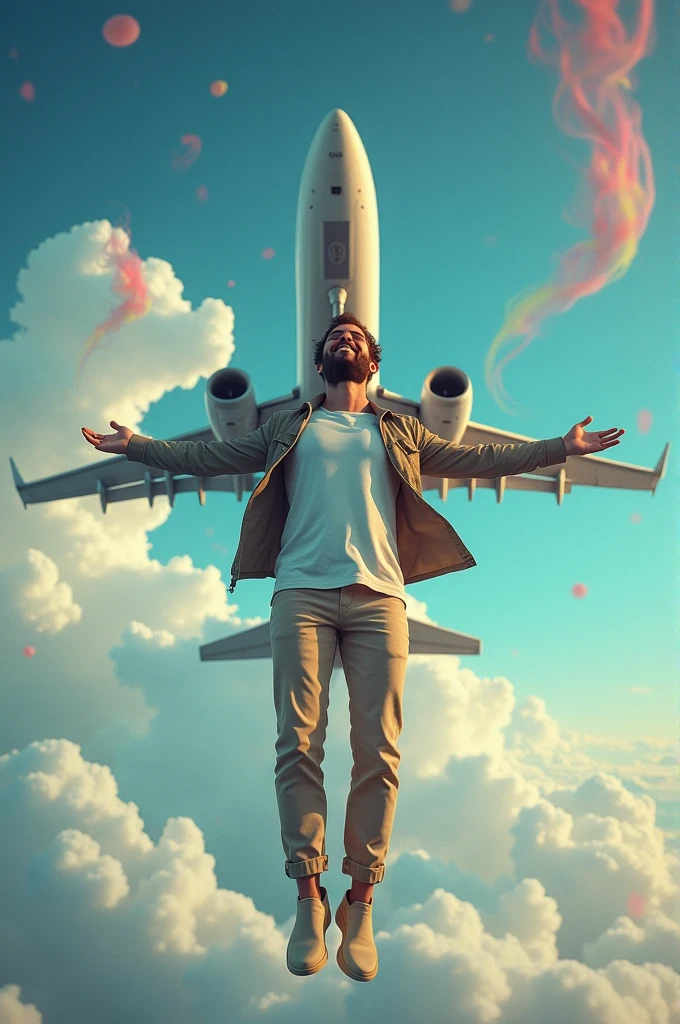 A man smoking ganja and flying near flight with smile face