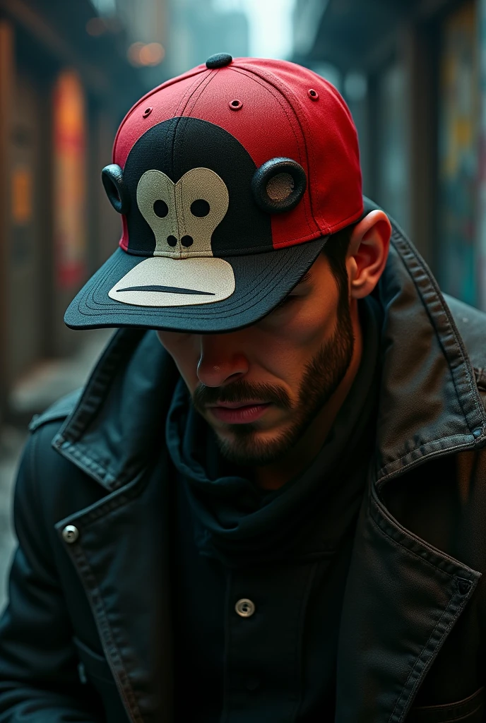 Human Criminal wearing monkey cap and red cap over it
