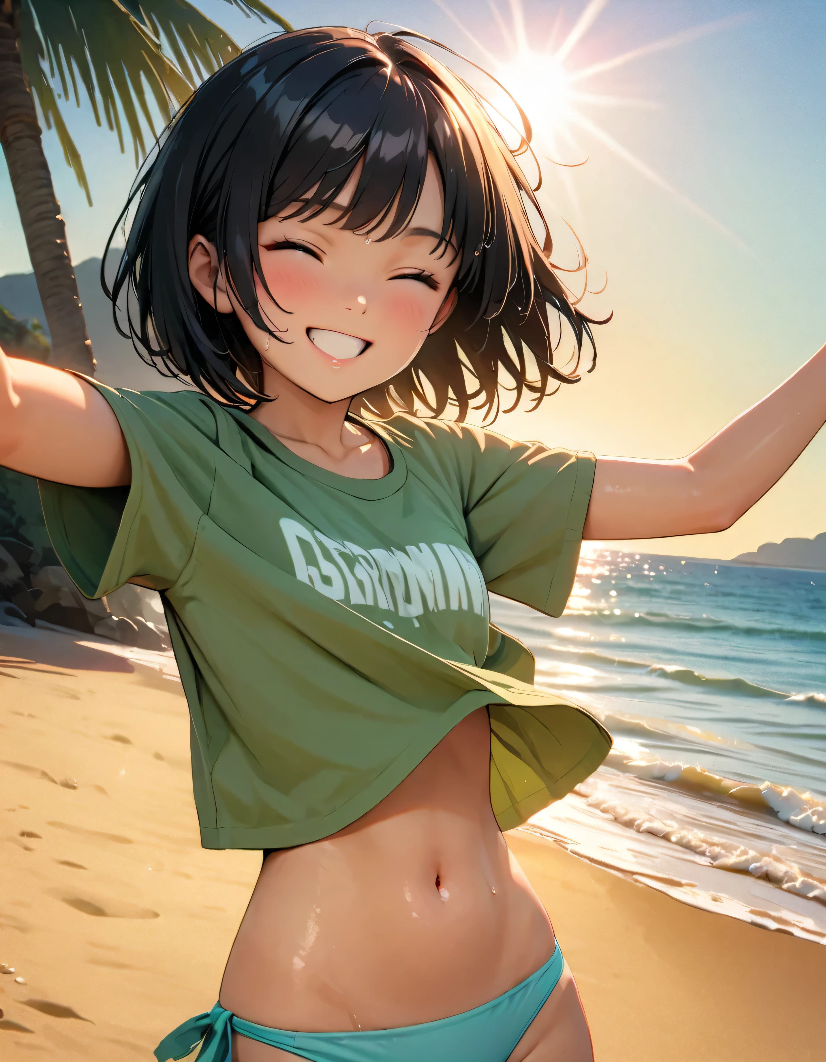 (Highest quality:1.2, Very detailed, up to date, Vibrant, masterpiece:1.2, Highest quality, Best aesthetics), smile, ((Face Up Shot:1.4)), 1980s style, 8k Ultra HD, Background Blur, smile, One Woman, Woman in bikini, Strong sunlight, Seaside, sunny, Summer sunshine, Wet Skin, Sandy Beach, Dynamic Angle, dynamic, Get excited,low length, Bobcut, very young, flat chested