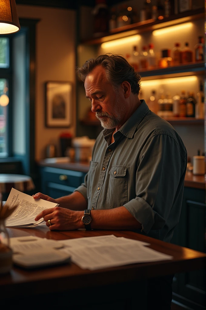 Picture of a man who owns a restaurant managing his restaurant alone late at night