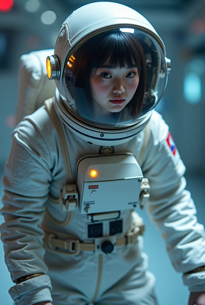 (wide lens effect), (outer space), spacesuit, extravehicular activity, EVA, weightlessness, zero gravity, spacewalk,
(Cute Japanese girl , 20-year-old), large breasts, bubble helmet
(dramatic lighting), cinematic lighting, full body