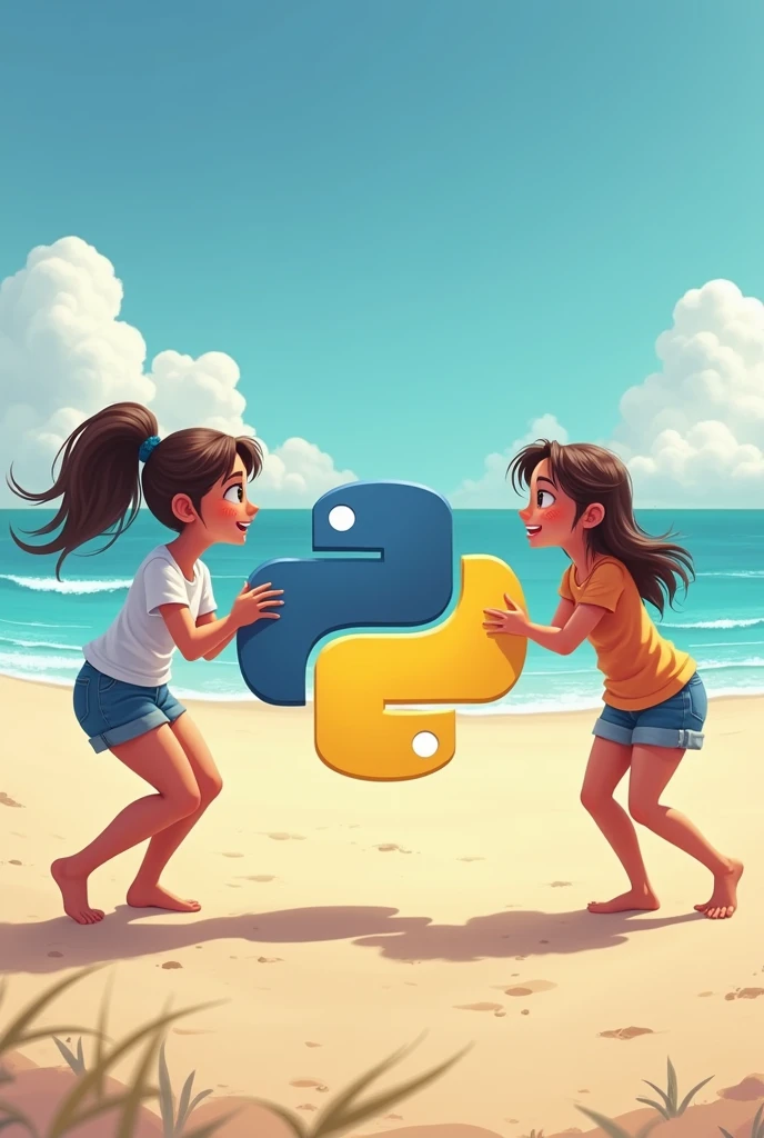 Playing two girls with python logo in beach
