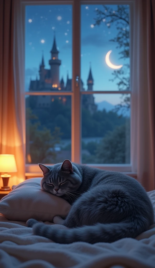 Highest quality, Bedroom、cute,Gray cat sleeping on a pillow,A room with a castle view from the window,High resolution, Back view, 短足Back view, moon,star,